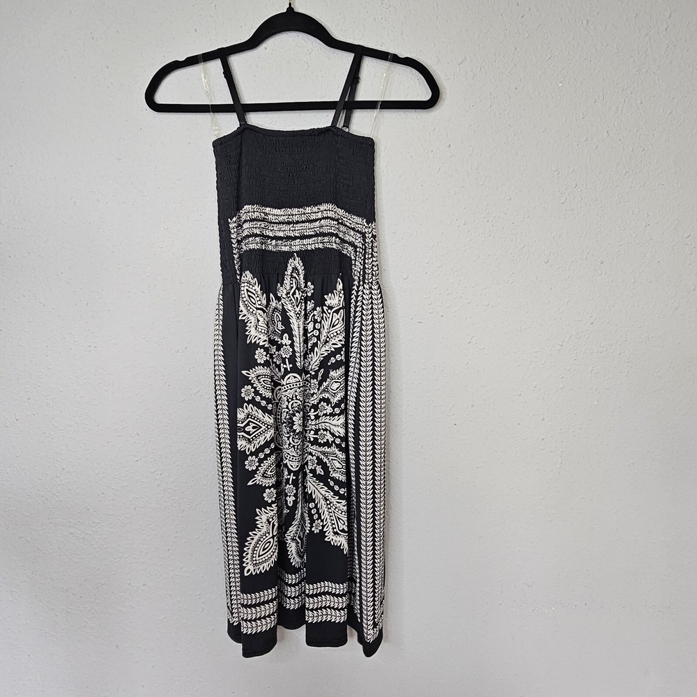 Shoreline Womens‎ Black White Medallion Paisley Smocked Boho Midi Sun Dress OS